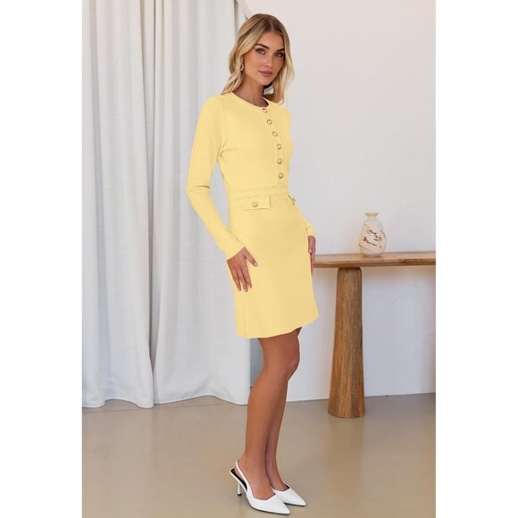 Fall 25 Long Sleeve Bodycon Light Yellow Sweater Dress Women Winter Formal Mini - Picture 6 of 6